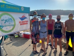 2020 Ozark Open Water Swim,Wearing our masks pre-swim. Lindsay Meadows, Bonnie Adams, ?, Karyn Walker, Anthony Gallo